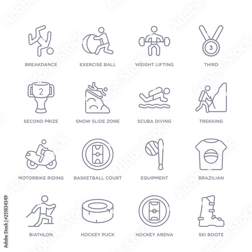 set of 16 thin linear icons such as ski boots, hockey arena, hockey puck, biathlon, brazilian, equipment, basketball court from sports collection on white background, outline sign icons or symbols