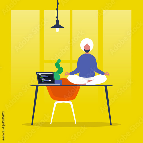 Meditation. Yoga at the office. Harmony and relaxation. Calm indian male character sitting in a lotus pose on a desk. Flat editable vector illustration, clip art. Modern healthy lifestyle