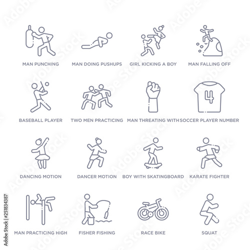 set of 16 thin linear icons such as squat  race bike  fisher fishing  man practicing high jump  karate fighter  boy with skatingboard  dancer motion from sports collection on white background 