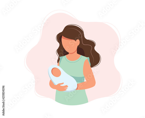 Woman holding newborn baby, concept vector illustration in cute cartoon style, health, care, maternity