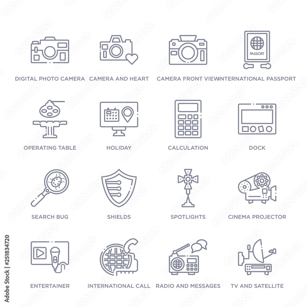 set of 16 thin linear icons such as tv and satellite, radio and messages, international call, entertainer, cinema projector, spotlights, shields from technology collection on white background, set of 16 thin linear icons such as tv and satellite, radio and messages, international call, entertainer, cinema projector, spotlights, shields from technology collection on white background,