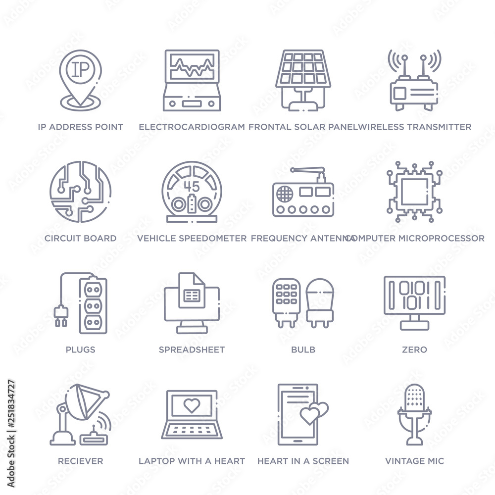 set of 16 thin linear icons such as vintage mic, heart in a screen, laptop with a heart, reciever, zero, bulb, spreadsheet from technology collection on white background, outline sign icons or