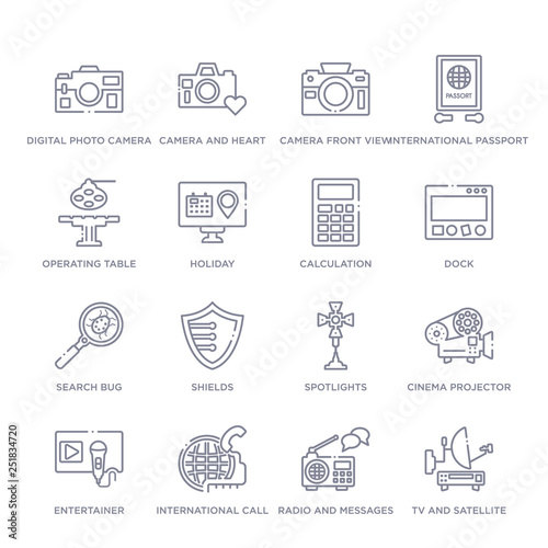 set of 16 thin linear icons such as tv and satellite, radio and messages, international call, entertainer, cinema projector, spotlights, shields from technology collection on white background,