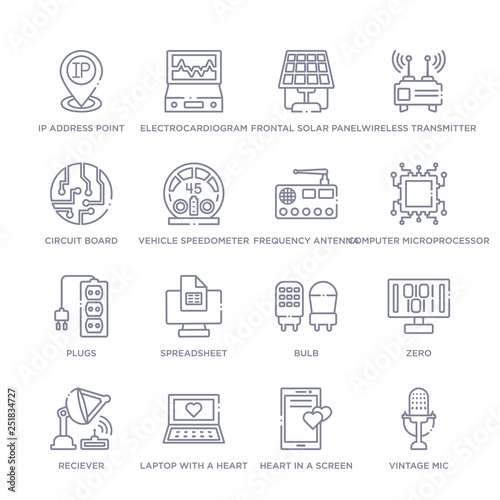 set of 16 thin linear icons such as vintage mic, heart in a screen, laptop with a heart, reciever, zero, bulb, spreadsheet from technology collection on white background, outline sign icons or