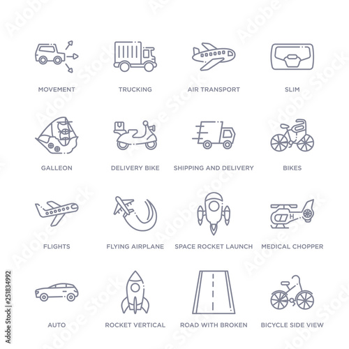 set of 16 thin linear icons such as bicycle side view, road with broken lines, rocket vertical position, auto, medical chopper transport, space rocket launch, flying airplane from transport
