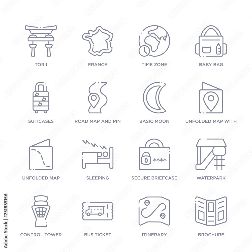 set of 16 thin linear icons such as brochure, itinerary, bus ticket ...
