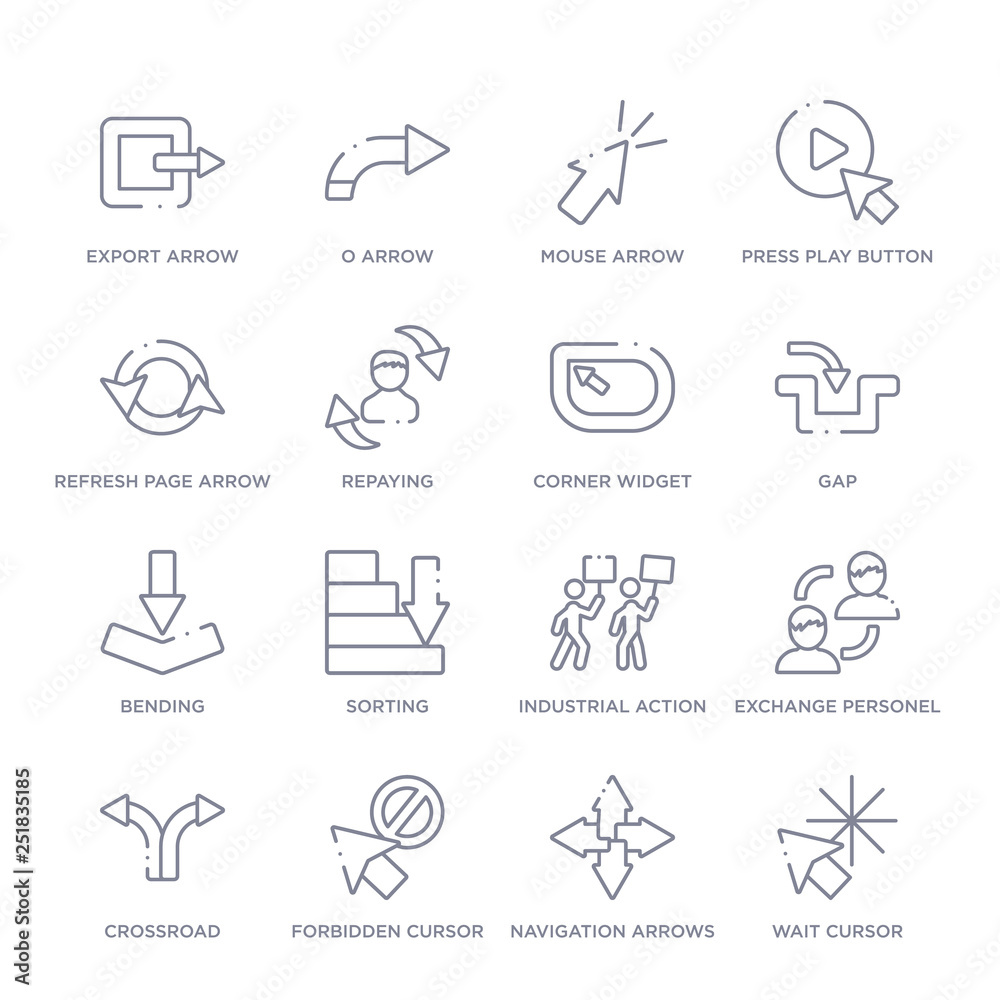 set of 16 thin linear icons such as wait cursor, navigation arrows, forbidden cursor, crossroad, exchange personel, industrial action, sorting from user interface collection on white background, set of 16 thin linear icons such as wait cursor, navigation arrows, forbidden cursor, crossroad, exchange personel, industrial action, sorting from user interface collection on white background,
