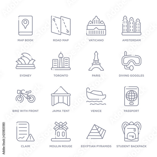 set of 16 thin linear icons such as student backpack, egyptian pyramids, moulin rouge, claim, passport, venice, jaima tent from travel collection on white background, outline sign icons or symbols