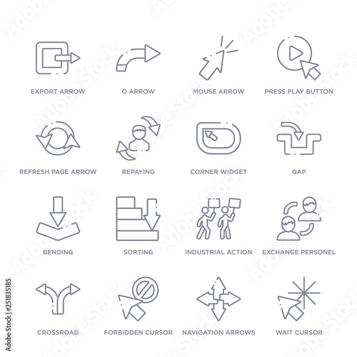 set of 16 thin linear icons such as wait cursor, navigation arrows, forbidden cursor, crossroad, exchange personel, industrial action, sorting from user interface collection on white background, photo