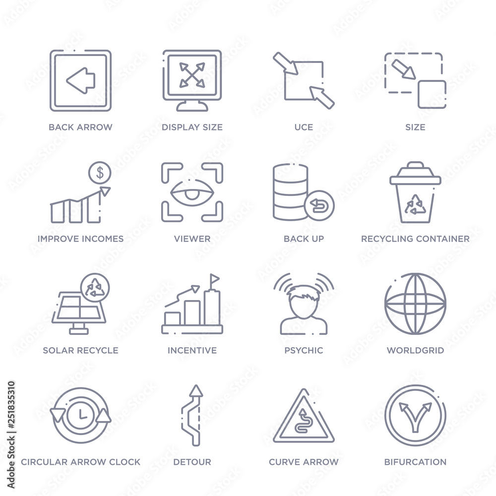 set of 16 thin linear icons such as bifurcation, curve arrow, detour, circular arrow clock, worldgrid, psychic, incentive from user interface collection on white background, outline sign icons or set of 16 thin linear icons such as bifurcation, curve arrow, detour, circular arrow clock, worldgrid, psychic, incentive from user interface collection on white background, outline sign icons or