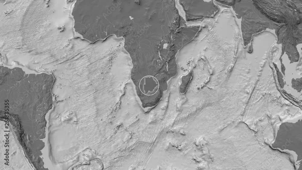 Botswana area presented against the global bilevel map in the Fahey projection with animated oblique transformation