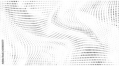 Halftone gradient pattern. Abstract halftone dots background. Monochrome dots pattern. Grunge texture. Pop Art, Comic small dots. Wave twisted dots. Design for presentation, report, flyer, cover, card