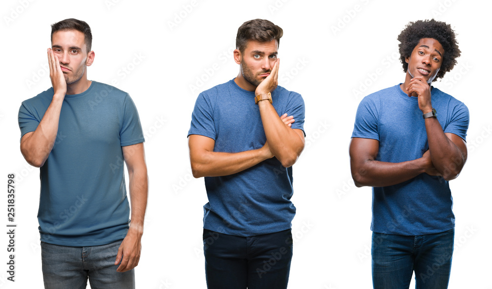 Collage of group of hispanic and african american men over isolated background thinking looking tired and bored with depression problems with crossed arms. Collage of group of hispanic and african american men over isolated background thinking looking tired and bored with depression problems with crossed arms.