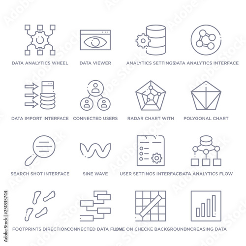 set of 16 thin linear icons such as increasing data, line on checke background, connected data flow chart, footprints direction sketch, data analytics flow chart, user settings interface, sine wave