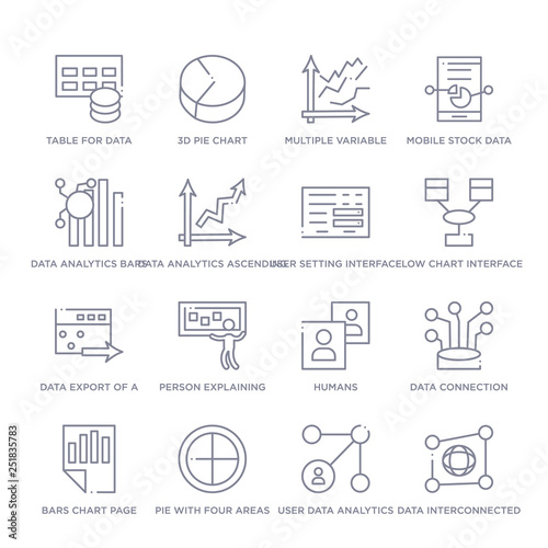 set of 16 thin linear icons such as data interconnected, user data analytics, pie with four areas, bars chart page, data connection, humans, person explaining from user interface collection on white