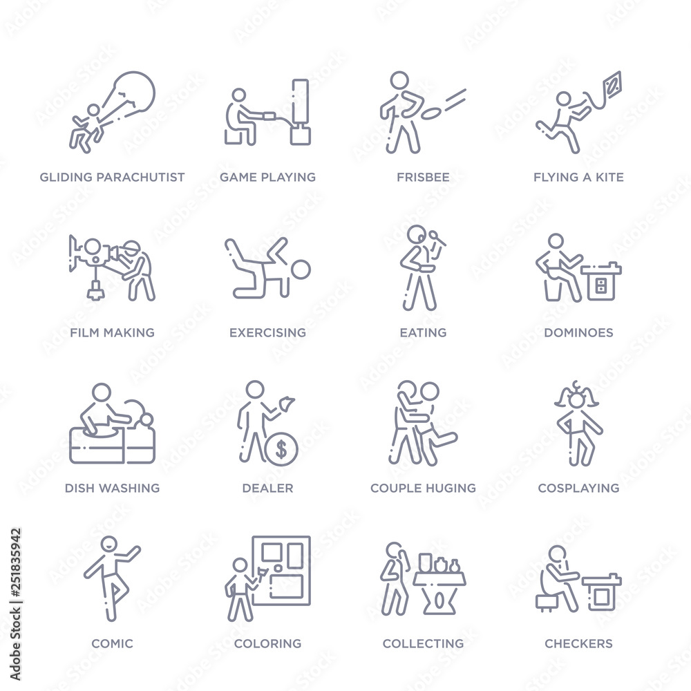 set of 16 thin linear icons such as checkers, collecting, coloring, comic, cosplaying, couple huging, dealer from activity and hobbies collection on white background, outline sign icons or symbols set of 16 thin linear icons such as checkers, collecting, coloring, comic, cosplaying, couple huging, dealer from activity and hobbies collection on white background, outline sign icons or symbols