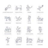 set of 16 thin linear icons such as checkers, collecting, coloring, comic, cosplaying, couple huging, dealer from activity and hobbies collection on white background, outline sign icons or symbols