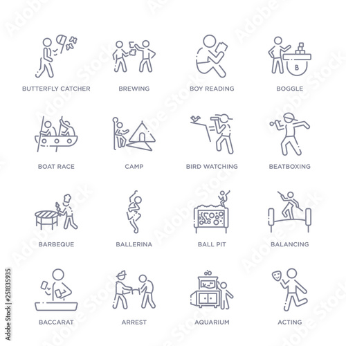 set of 16 thin linear icons such as acting, aquarium, arrest, baccarat, balancing, ball pit, ballerina from activity and hobbies collection on white background, outline sign icons or symbols