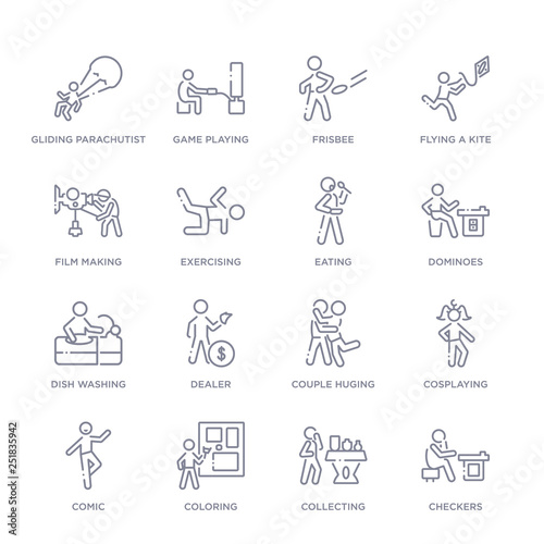 set of 16 thin linear icons such as checkers, collecting, coloring, comic, cosplaying, couple huging, dealer from activity and hobbies collection on white background, outline sign icons or symbols