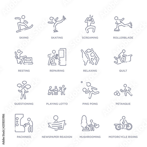 set of 16 thin linear icons such as motorcycle riding, mushrooming, newspaper readign, pachinko, petanque, ping pong, playing lotto from activity and hobbies collection on white background, outline