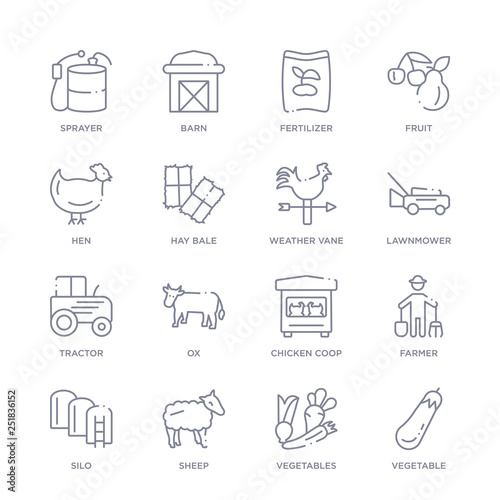 set of 16 thin linear icons such as vegetable, vegetables, sheep, silo, farmer, chicken coop, ox from agriculture farming collection on white background, outline sign icons or symbols