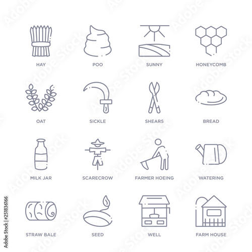 set of 16 thin linear icons such as farm house, well, seed, straw bale, watering, farmer hoeing, scarecrow from agriculture farming collection on white background, outline sign icons or symbols