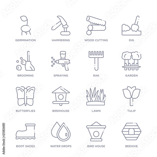 set of 16 thin linear icons such as beehive, bird house, water drops, boot shoes, tulip, lawn, birdhouse from agriculture farming collection on white background, outline sign icons or symbols