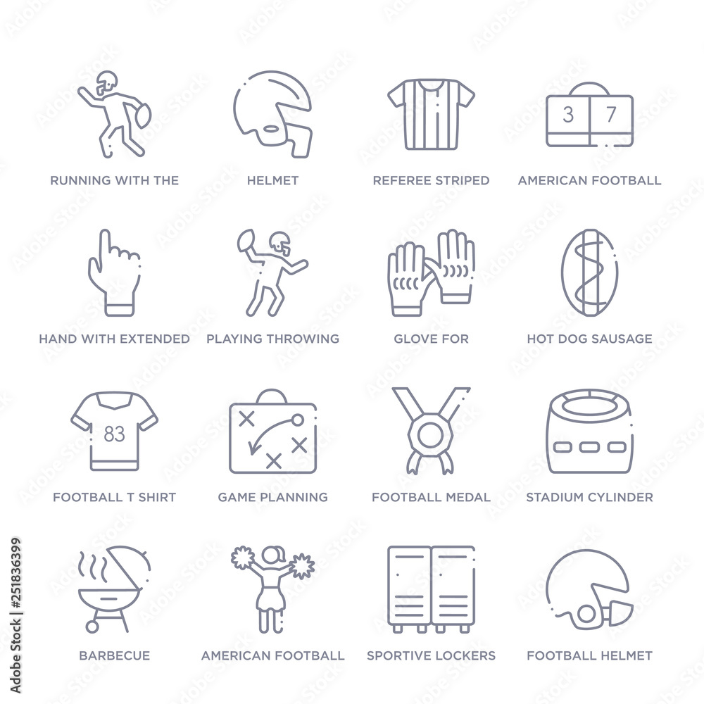 set of 16 thin linear icons such as football helmet, sportive lockers, american football cheerleader jump, barbecue, stadium cylinder, football medal, game planning from american collection on white set of 16 thin linear icons such as football helmet, sportive lockers, american football cheerleader jump, barbecue, stadium cylinder, football medal, game planning from american collection on white