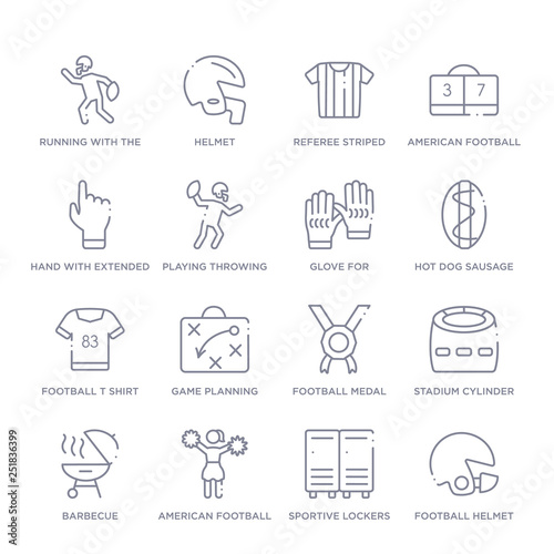 set of 16 thin linear icons such as football helmet, sportive lockers, american football cheerleader jump, barbecue, stadium cylinder, football medal, game planning from american collection on white