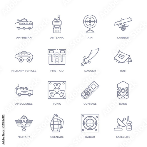 set of 16 thin linear icons such as satellite, radar, grenade, military, rank, compass, toxic from army collection on white background, outline sign icons or symbols