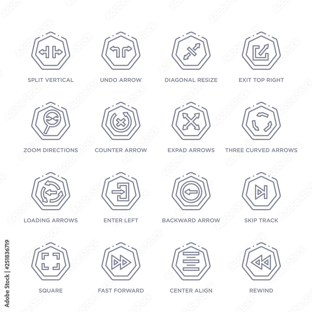 set of 16 thin linear icons such as rewind, center align, fast forward, square, skip track, backward arrow, enter left from arrows collection on white background, outline sign icons or symbols