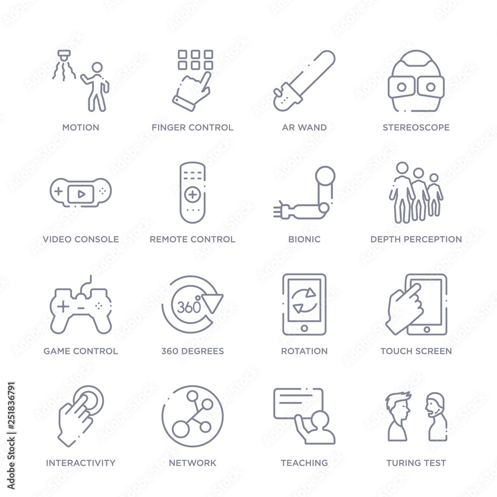 set of 16 thin linear icons such as turing test, teaching, network, interactivity, touch screen, rotation, 360 degrees from artifical intelligence collection on white background, outline sign icons set of 16 thin linear icons such as turing test, teaching, network, interactivity, touch screen, rotation, 360 degrees from artifical intelligence collection on white background, outline sign icons
