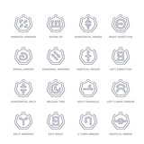 set of 16 thin linear icons such as vertical merge, u turn arrow, exit right, split arrows, left curve arrow, split triangle, reload time from arrows collection on white background, outline sign