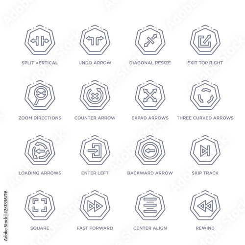 set of 16 thin linear icons such as rewind, center align, fast forward, square, skip track, backward arrow, enter left from arrows collection on white background, outline sign icons or symbols