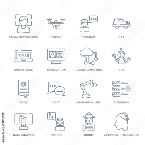 set of 16 thin linear icons such as artificial intelligence, robot, piction, data analysis, algorithm, mechanical arm, chat from artifical intelligence collection on white background, outline sign