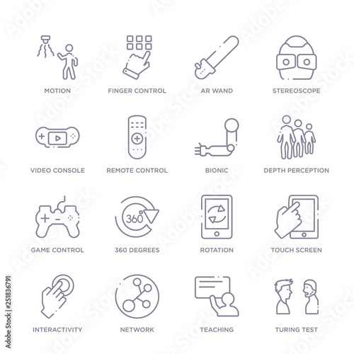 set of 16 thin linear icons such as turing test, teaching, network, interactivity, touch screen, rotation, 360 degrees from artifical intelligence collection on white background, outline sign icons