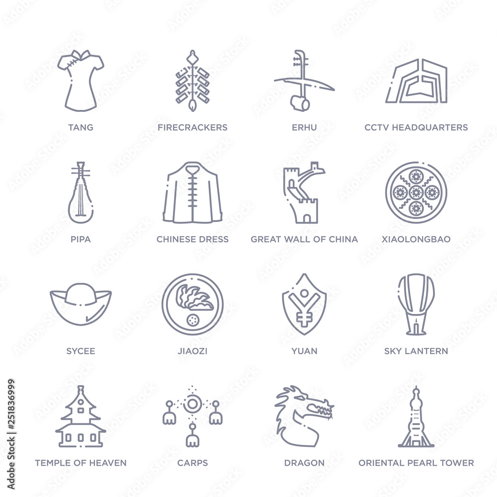 set of 16 thin linear icons such as oriental pearl tower, dragon, carps, temple of heaven, sky lantern, yuan, jiaozi from asian collection on white background, outline sign icons or symbols set of 16 thin linear icons such as oriental pearl tower, dragon, carps, temple of heaven, sky lantern, yuan, jiaozi from asian collection on white background, outline sign icons or symbols