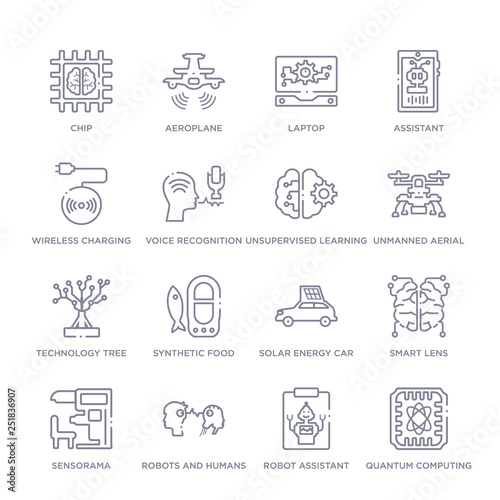 set of 16 thin linear icons such as quantum computing, robot assistant, robots and humans, sensorama, smart lens, solar energy car, synthetic food from artificial intellegence collection on white