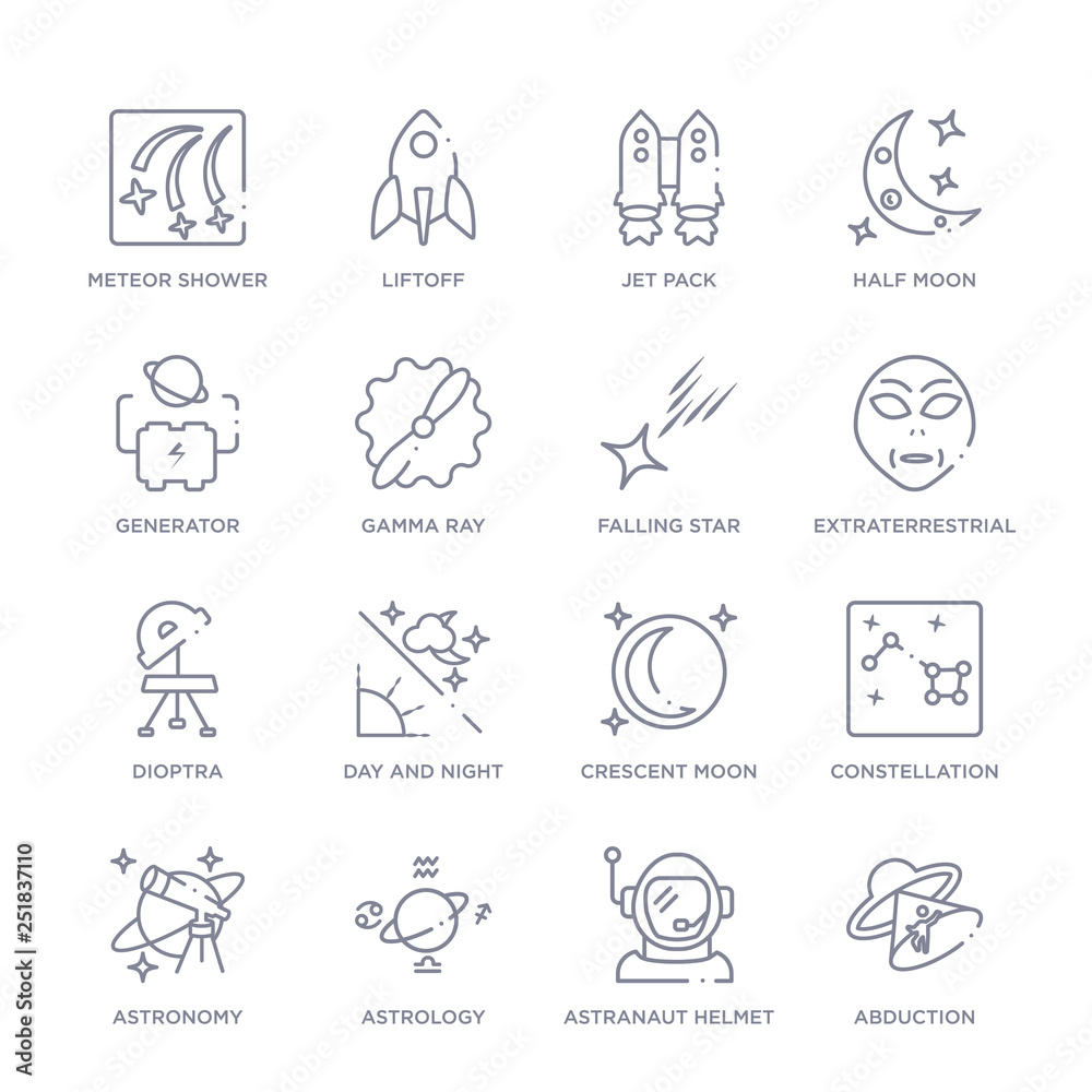 set of 16 thin linear icons such as abduction, astranaut helmet, astrology, astronomy, constellation, crescent moon, day and night from astronomy collection on white background, outline sign icons