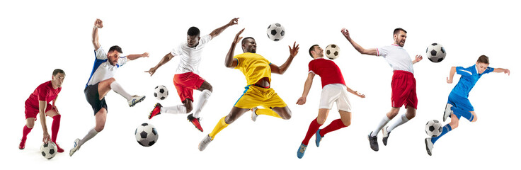 Professional football soccer players with ball isolated on white studio background. Collage with fit male models. Attack, defense, fight. Group of men with sport equipment.