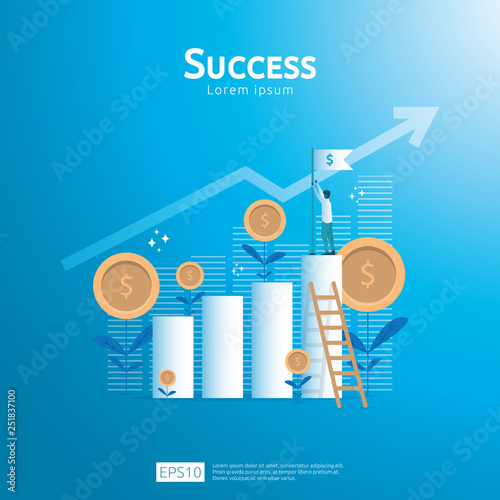 Business concept of achievement goal success flag with stair. Return on investment ROI. Finance growth vision rising up arrow graph chart. increase business profit. flat style vector illustration.