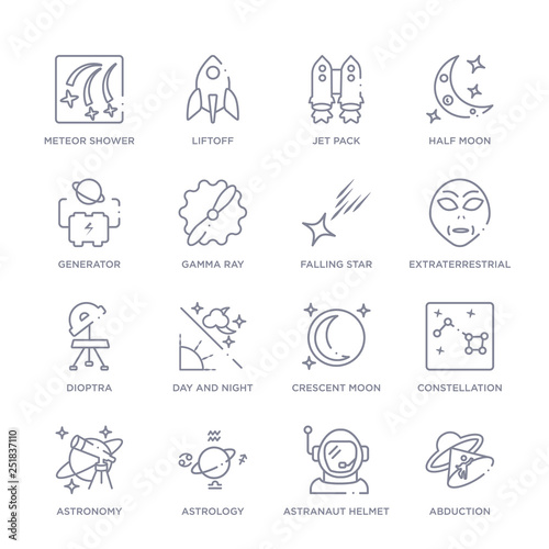 set of 16 thin linear icons such as abduction, astranaut helmet, astrology, astronomy, constellation, crescent moon, day and night from astronomy collection on white background, outline sign icons