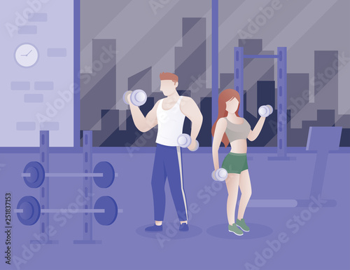 People doing fitness in gym. Man and Woman doing exercise with dumbbells in the gym. workout concept illustration in colors mixed style. Vector illustration