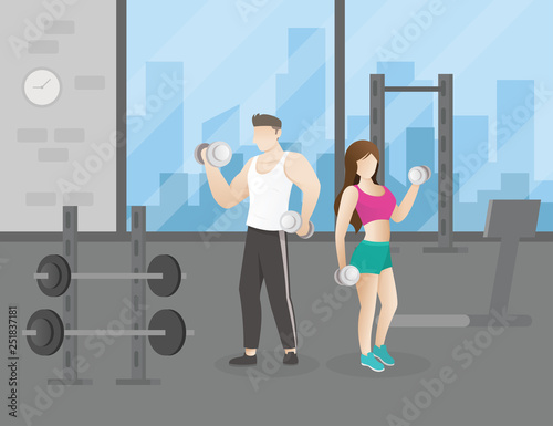 People doing fitness in gym. Man and Woman doing exercise with dumbbells in the gym. workout concept illustration with people doing exercise and gym interior. Vector illustration
