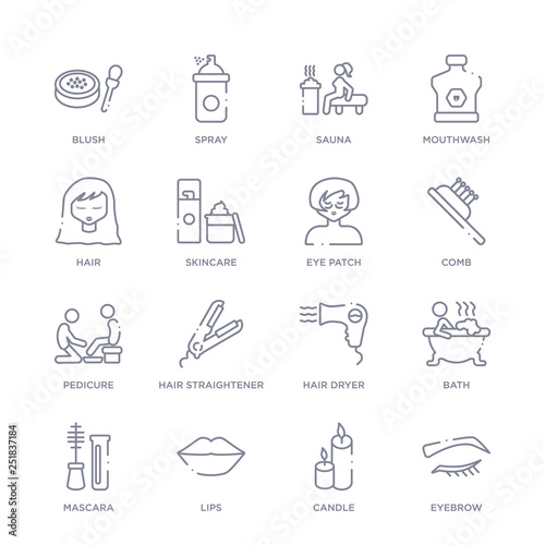 set of 16 thin linear icons such as eyebrow, candle, lips, mascara, bath, hair dryer, hair straightener from beauty collection on white background, outline sign icons or symbols