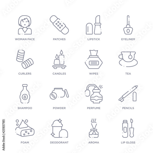 set of 16 thin linear icons such as lip gloss, aroma, deodorant, foam, pencils, perfume, powder from beauty collection on white background, outline sign icons or symbols