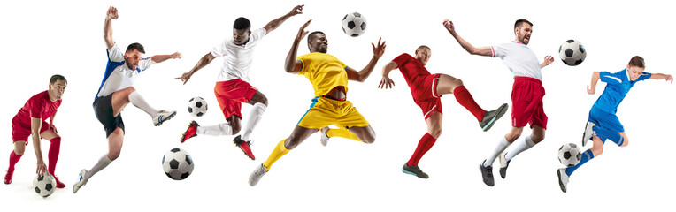 Professional football soccer players with ball isolated on white studio background. Collage with fit male models. Attack, defense, fight. Group of men with sport equipment.