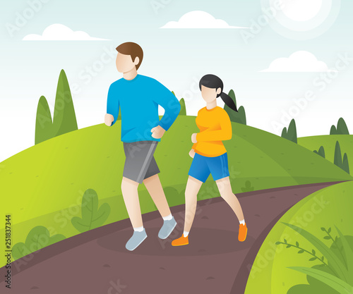 Young couple running around in the park. Running men and women sports background, Jogging people. Jogging and running illustration - Vector