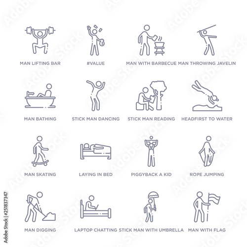 set of 16 thin linear icons such as man with flag, stick man with umbrella, laptop chatting on bed, man digging, rope jumping, piggyback a kid, laying in bed from behavior collection on white
