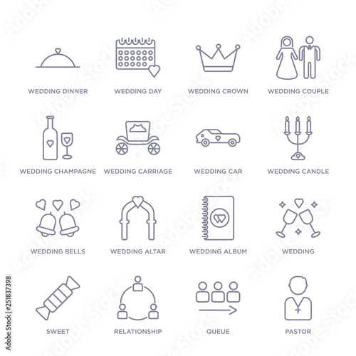 set of 16 thin linear icons such as pastor, queue, relationship, sweet, wedding, wedding album, wedding altar from birthday party collection on white background, outline sign icons or symbols